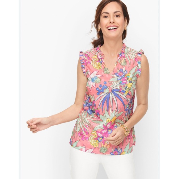 Talbots Tops - Talbots Tropical Parrot Print Ruffle Trim‎ 100% Cotton Sleeveless Top – Size M